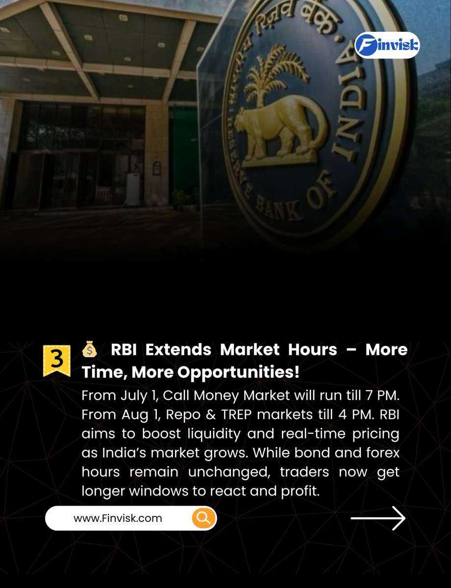 Finvisk_by_vkg's tweet photo. 📊Finvisk Wrap –June 25, 2025

🚀Reliance Infra hits upper circuit after ₹600 Cr defence deal
💊China’s obesity drug could challenge Eli Lilly
⏰RBI extends market hours till 7 PM

#Finvisk #MarketUpdate #IPOIndia #DefenceExports #EVNews #RBIUpdates #FinanceNews #CBSE #Emergency https://t.co/ycmgqK0qSF