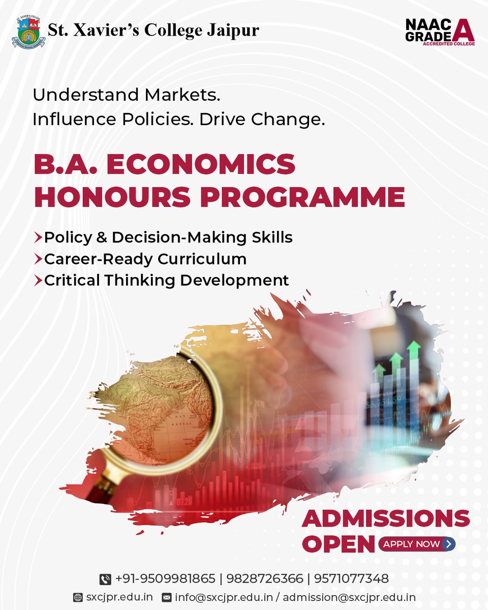 stxaviers_jpr's tweet image. St. Xavier’s College Jaipur invites applications for its B.A. Economics (Honours) Programme – a course designed to equip students with critical thinking, decision-making skills, and a career-ready curriculum.

#stxavierscollegejaipur #baeconomics #admissionsopen #futureleaders