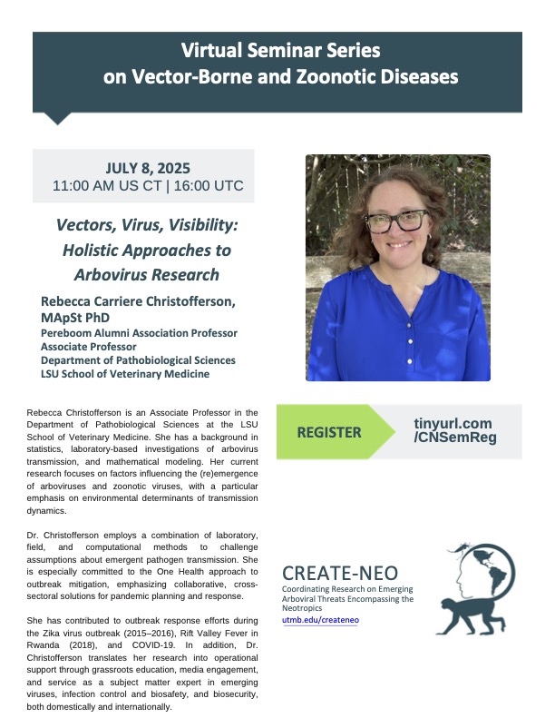 Vasilakis_Lab's tweet image. We look forward seeing you July 8 for Prof. Christofferson's webinar "Vectors, Virus, Visibility: Holistic Approaches to Arbovirus Research". Register zoomgov.com/webinar/regist…. @create_neo @ASTMH @ACAV_ASTMH @sbviro @utmbhealth @Virology_FAMERP @ihii_utmb @Rossi_viruslab