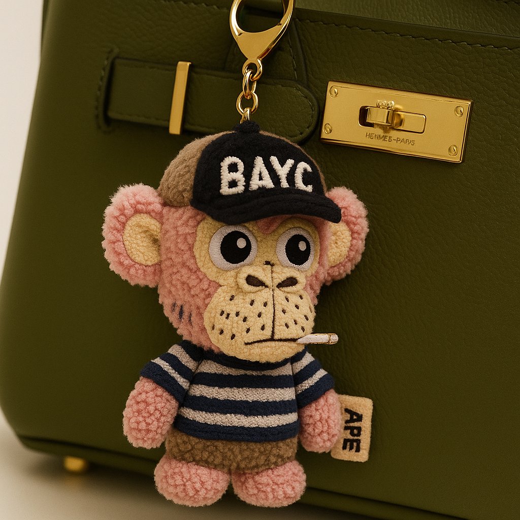 Prompt: Please take the following character and make it into a plushie keychain like Labubu. Ensure every detail from the reference character is included. Have a small tag detail hanging from the keychain that says ‘APE’. Have the keychain hanging from the strap of an army green