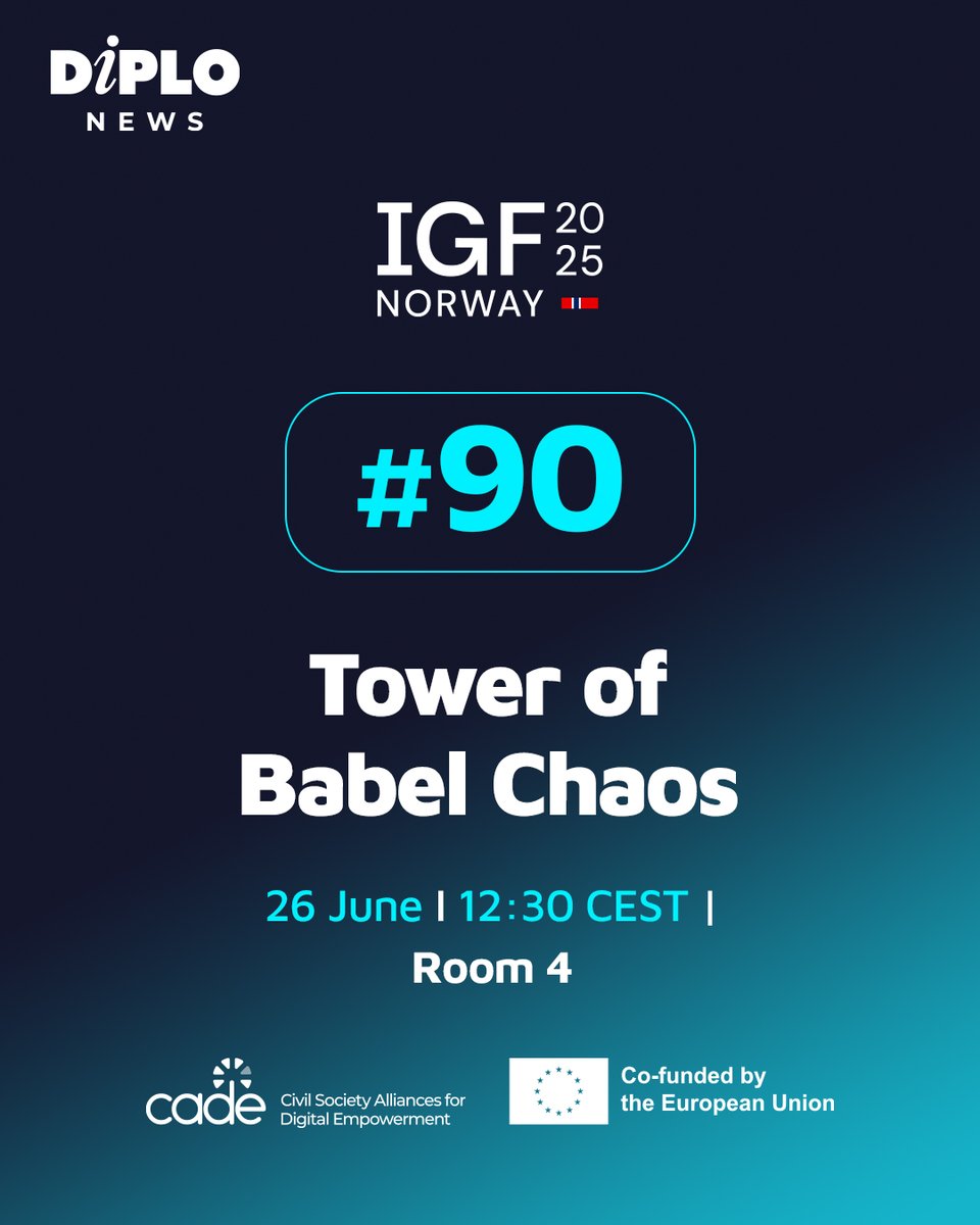 DiplomacyEdu's tweet photo. Can global dialogue survive a language storm? 🌍🌀
Join us tomorrow, 26 June, for the flash-mob-style simulation ‘Tower of Babel Chaos’ on site at #IGF2025.
📍IGF Room 4
🕘 12:30 CEST
More at ➡️ https://t.co/Q6kE3rbYov
.
.
#IGF2025 #CADE #LanguageInclusion #SimulationExercise #Norway
@CADE_project @EU_Partnerships @D4DHub_EU @Geneve_int @GenevaGIP @SwissMFA @DigWatchWorld @ka_iwanska @Vkapiyo @trish4us