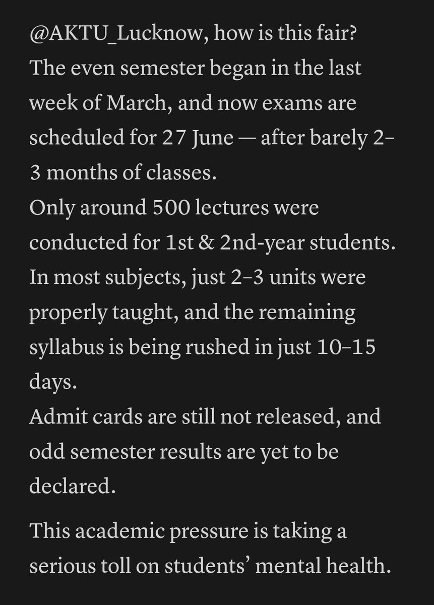 Alekh_Sachan's tweet photo. Please take note: @AKTU_Lucknow @ugc_india @AICTE_INDIA @EduMinOfIndia @myogioffice @anandibenpatel @CMOfficeUP

Engineering students are under extreme academic pressure.
We need fair timelines, completed syllabus, and timely results.

#AKTU #EngineeringStudents #AICTE #exam https://t.co/ymBVighKfS