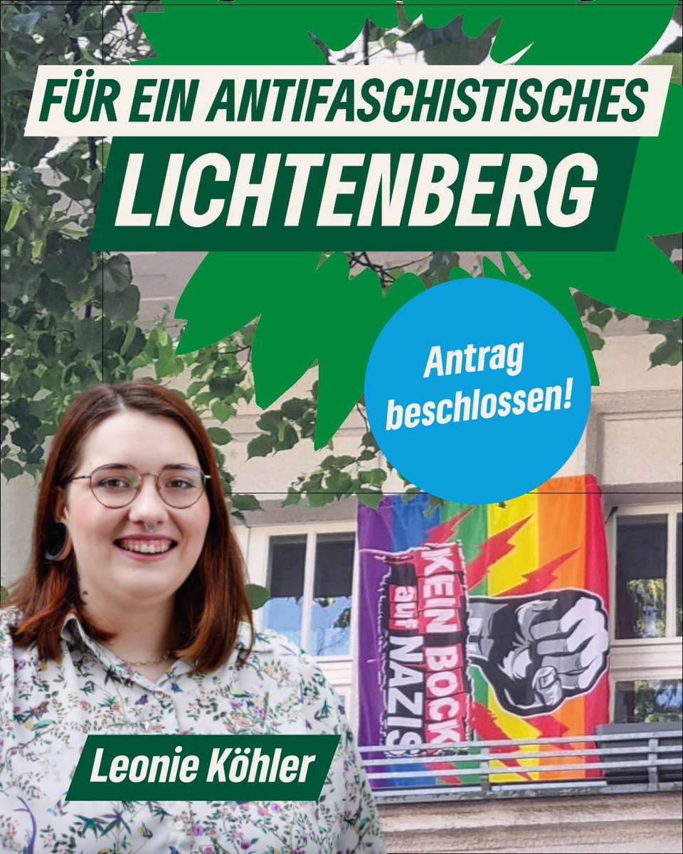 👏 In der letzten #BVVLbg wurden vier unserer Anträge beschlossen.

✊ Unseren Antrag, gemeinsam mit SPD und Linken, für ein antifaschistisches und demokratisches #Lichtenberg lest ihr hier: tinyurl.com/y4bavuez (1/4)