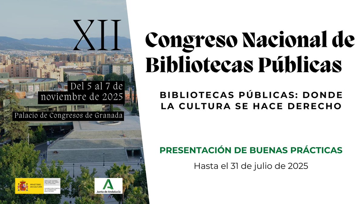 📢 #Bibliotecas  📚‼️
Continua abierto el plazo para la presentación de Buenas prácticas para el 𝐗𝐈𝐈 𝐂𝐨𝐧𝐠𝐫𝐞𝐬𝐨 𝐍𝐚𝐜𝐢𝐨𝐧𝐚𝐥 𝐝𝐞 𝐁𝐢𝐛𝐥𝐢𝐨𝐭𝐞𝐜𝐚𝐬 𝐏𝐮́𝐛𝐥𝐢𝐜𝐚𝐬.

⌛ Plazo: hasta el 𝟑𝟏 de julio.

Toda la información en 👇
cultura.gob.es/congresobp/por…