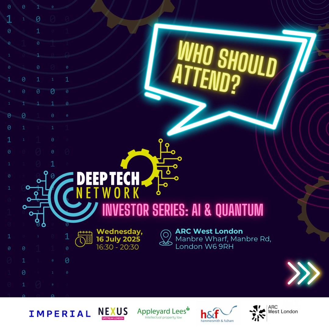 HelloUpstream's tweet image. Who should attend?
•The IP workshop is open to all deeptech startups & scaleups
•The AI & Quantum panel + reception is application only and open exclusively to relevant startups and scaleups
🎟️: eventbrite.co.uk/e/meet-ai-quan…
#DeepTechNetwork #StartupFunding #ImperialCollegeLondon