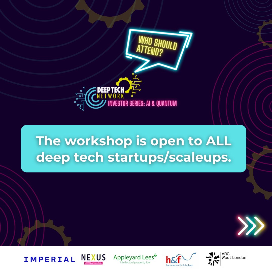 HelloUpstream's tweet image. Who should attend?
•The IP workshop is open to all deeptech startups & scaleups
•The AI & Quantum panel + reception is application only and open exclusively to relevant startups and scaleups
🎟️: eventbrite.co.uk/e/meet-ai-quan…
#DeepTechNetwork #StartupFunding #ImperialCollegeLondon