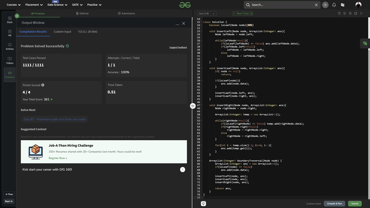 keshav_awa93041's tweet image. 🌳 Day 86 – #gfg160
🌀 Boundary Traversal of Binary Tree
✅ Traversed:
Left Boundary 🌿
Leaf Nodes 🍃
Right Boundary (reversed) 🌱

#BoundaryTraversal #BinaryTreeDSA #TreeTraversal #JavaCoding #160DaysOfCode #geekstreak2025 #GFGChallenge