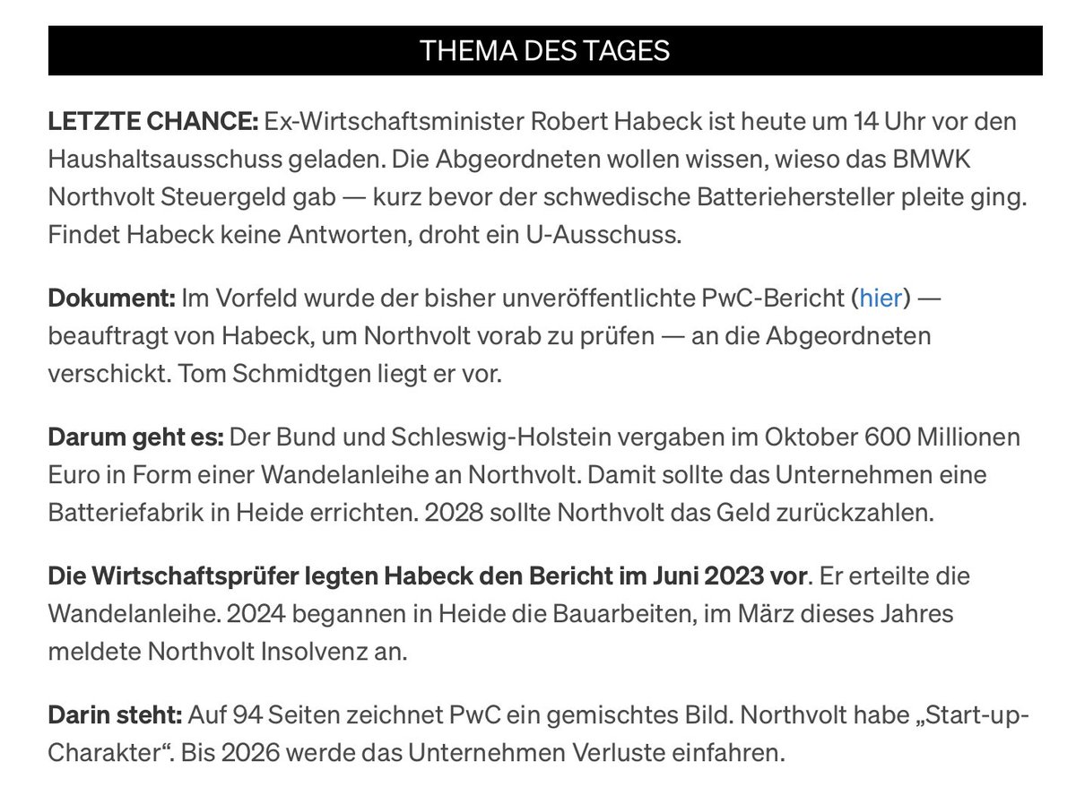 Tom Schmidtgen (@tommesfrittes) on Twitter photo Exklusiv: Mir liegt der PwC-Bericht vor, der Robert Habeck bei #Northvolt beraten sollte. Darin: Northvolt werde noch Jahre Verluste einfahren und habe „Start-up-Charakter“. Mehr bei POLITICO Pro Industrie & Handel!
<a href="/herrkloeckner/">Jürgen Klöckner</a> <a href="/HulsemannLaura/">Laura Hülsemann</a> <a href="/ThorstenMumme/">Thorsten Mumme</a> <a href="/GordonRepinski/">Gordon Repinski</a> Exklusiv: Mir liegt der PwC-Bericht vor, der Robert Habeck bei #Northvolt beraten sollte. Darin: Northvolt werde noch Jahre Verluste einfahren und habe „Start-up-Charakter“. Mehr bei POLITICO Pro Industrie & Handel!
<a href="/herrkloeckner/">Jürgen Klöckner</a> <a href="/HulsemannLaura/">Laura Hülsemann</a> <a href="/ThorstenMumme/">Thorsten Mumme</a> <a href="/GordonRepinski/">Gordon Repinski</a>