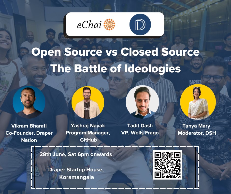 Panel Alert at Draper Startup House!
 Open Source vs Closed Source: The Battle of Ideologies
🗓️ June 28 | 🕕 6 PM
📍 DSH, Koramangala
🎙️ GitHub | Draper Nation | Wells Fargo
🎤 Moderated by Tanya Mary
 Limited seats!
echai.ventures/events/echai-x…