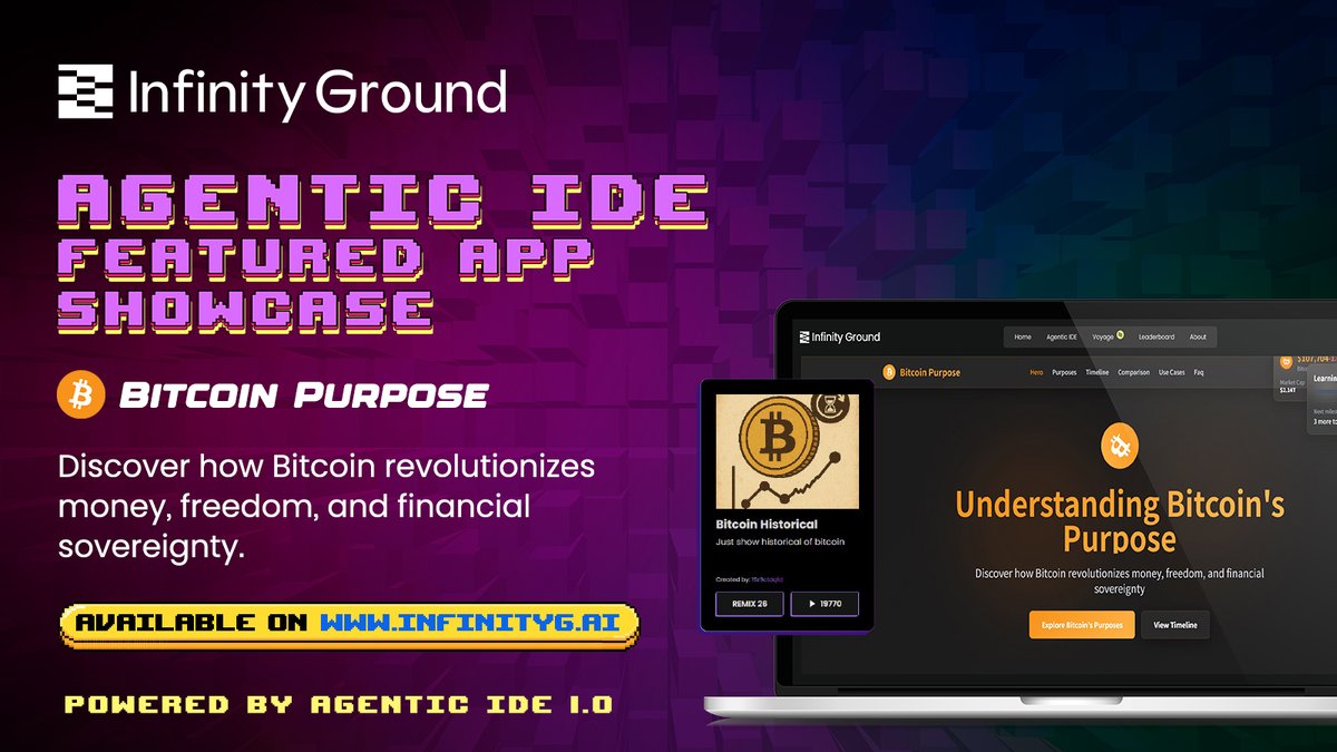 🪙#AgenticIDE Featured App Showcase – Bitcoin Purpose

Explore the future of money with Bitcoin Purpose — a Web3 dApp that unpacks Bitcoin’s real-world value, core features, and cultural impact. Built by <a href="/JackN1x/">Jack</a> with #AgenticIDE

🧵 Try it: infinityg.ai/ide/play/42910