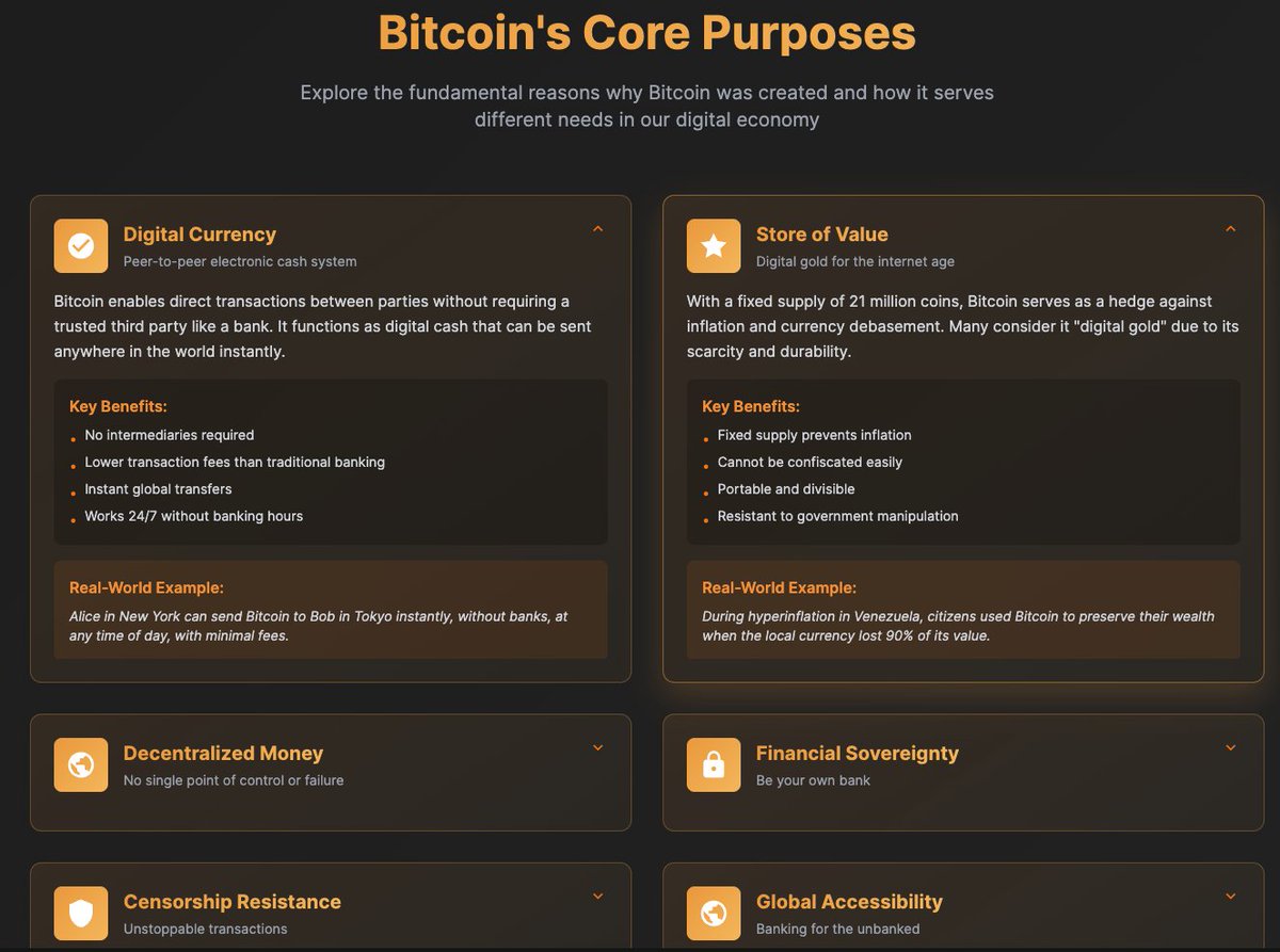Dive deep into why Bitcoin matters: from decentralization and financial freedom to global access.

Use the interactive toolkit to compare Bitcoin vs fiat, gold, and stocks — and see what true digital ownership means.