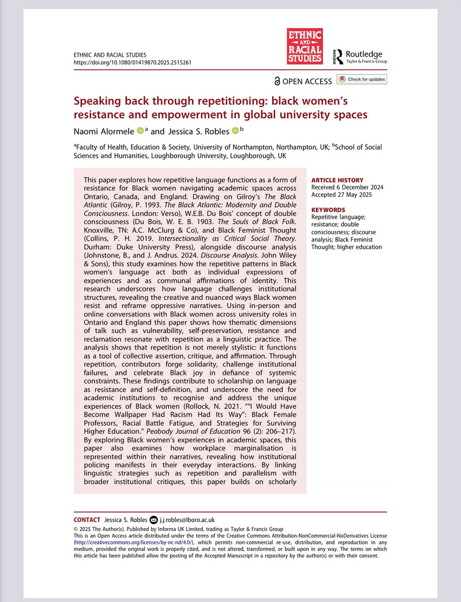 Naomi Alormele 🇬🇭 (@naomi_alormele) on Twitter photo I’m proud to announce publication of this paper with <a href="/DoctorJRo/">Jessica S. Robles</a> featuring findings from my PhD research in <a href="/ERSjournal/">Ethnic and Racial Studies</a> We explore how Black women in UK & Toronto higher ed use storytelling and repetition to resist, reclaim, and survive.
doi.org/10.1080/014198… I’m proud to announce publication of this paper with <a href="/DoctorJRo/">Jessica S. Robles</a> featuring findings from my PhD research in <a href="/ERSjournal/">Ethnic and Racial Studies</a> We explore how Black women in UK & Toronto higher ed use storytelling and repetition to resist, reclaim, and survive.
doi.org/10.1080/014198…