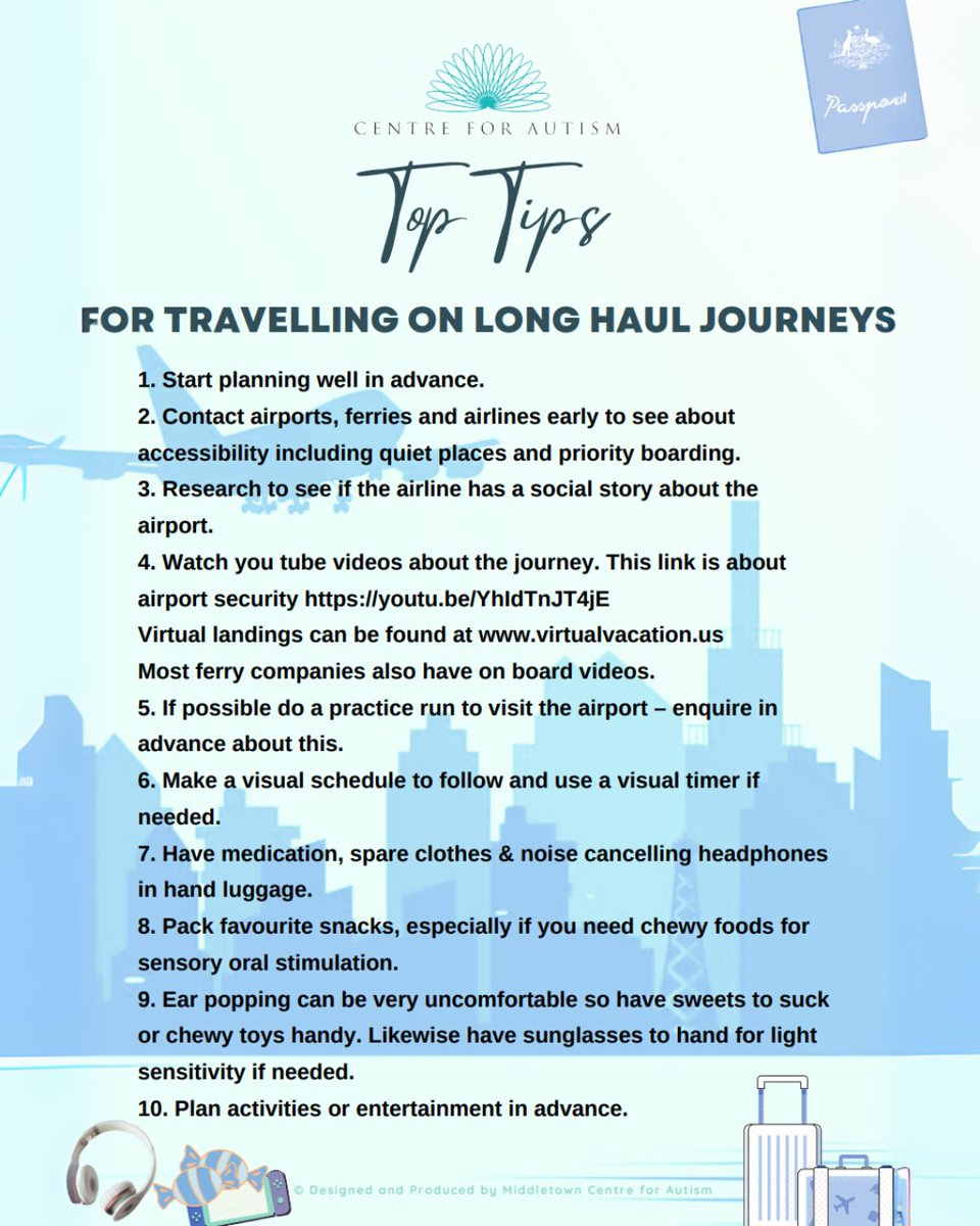 Sitting still for long periods, coping with new environments and waiting are often additional stressors for autistic people. These resources are ideas to keep children and young people calm, regulated and entertained on long journeys.

Resources:
middletownautism.com/social-media/l…