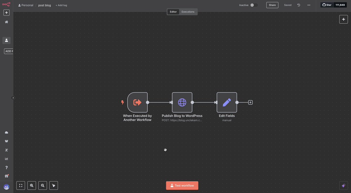 realodutola's tweet image. ✨Just built a full blog automation system using @n8n_io that runs everything from content creation to publishing without touching a single button.

The blog agent handles everything end-to-end using intelligent tools calling, sub-workflows for image generation, content writing,…