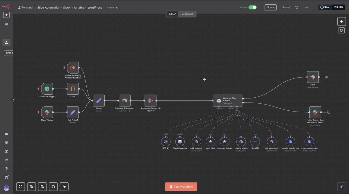 realodutola's tweet image. ✨Just built a full blog automation system using @n8n_io that runs everything from content creation to publishing without touching a single button.

The blog agent handles everything end-to-end using intelligent tools calling, sub-workflows for image generation, content writing,…