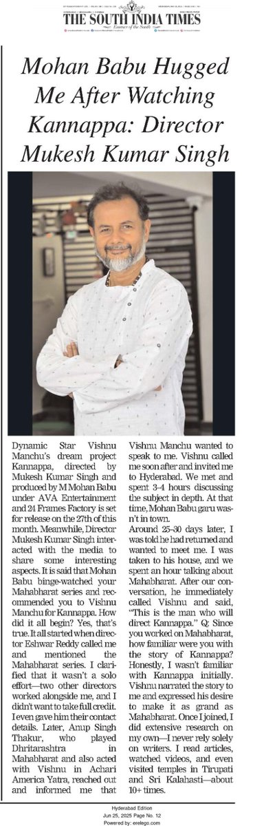 PROSaiSatish's tweet image. Today&apos;s Print Media Coverage about #Kannappa Film Director #MukeshKumarSingh

#Kannappa in cinemas from June 27th!

Har Har Mahadev 🔱
Har Ghar Mahadev 🔥

#Kannappa27thJune #KannappaMovie #HarHarMahadevॐ