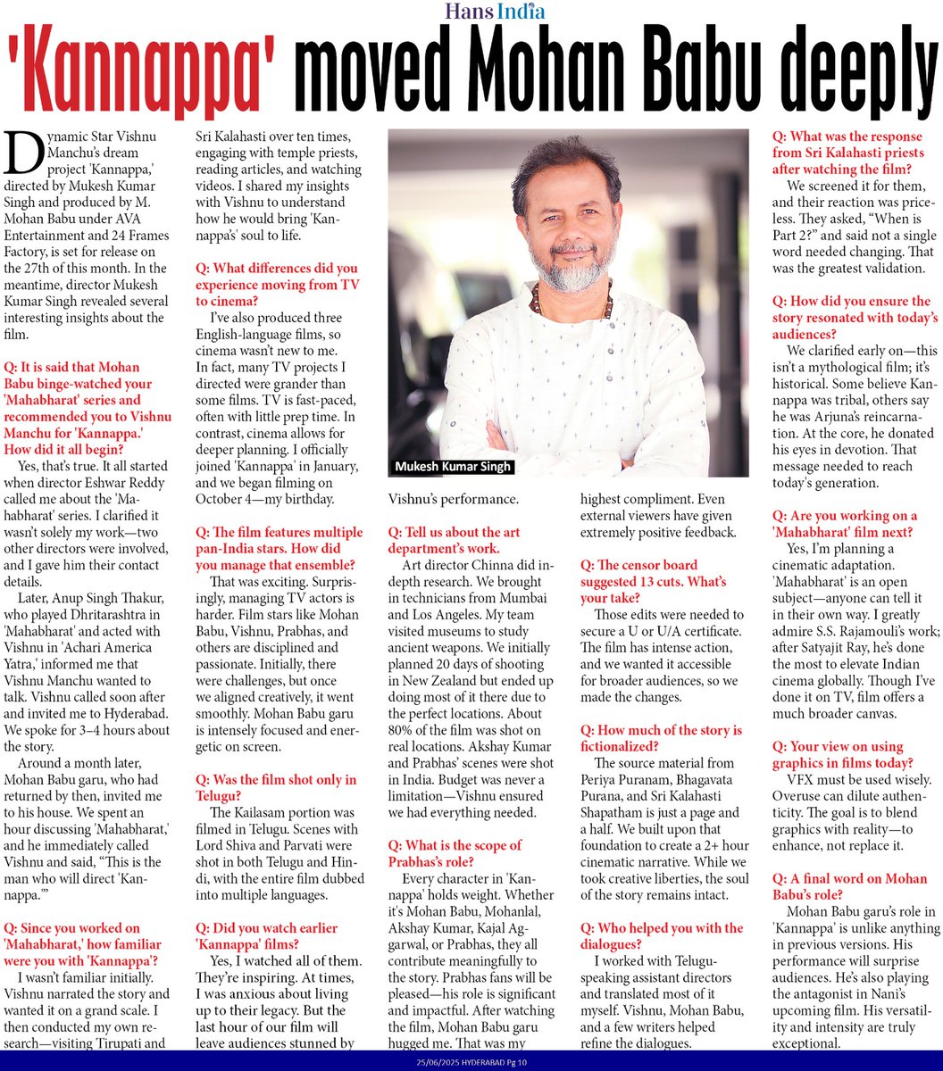 PROSaiSatish's tweet image. Today&apos;s Print Media Coverage about #Kannappa Film Director #MukeshKumarSingh

#Kannappa in cinemas from June 27th!

Har Har Mahadev 🔱
Har Ghar Mahadev 🔥

#Kannappa27thJune #KannappaMovie #HarHarMahadevॐ