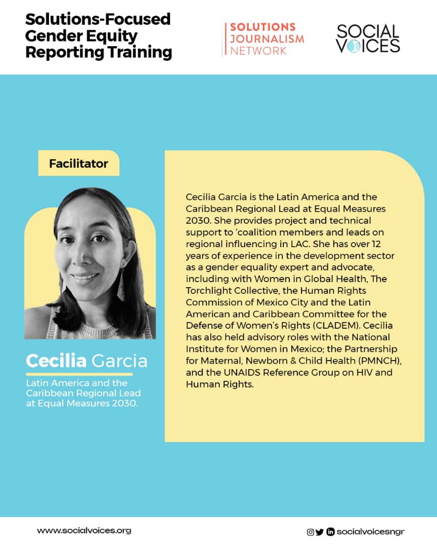 Social Voices (@socialvoicesngr) on Twitter photo 🔥 Day 1 #GERT!
Meet <a href="/Cecigarciaruiz/">Cecilia Garcia Ruiz</a>, Latin America & Caribbean Regional Lead <a href="/Equal2030/">Equal Measures 2030</a> with 10+ years shaping gender equity action. Today, she'll guide participants through SDG Gender Index for compelling, data-driven reporting. 🔥 Day 1 #GERT!
Meet <a href="/Cecigarciaruiz/">Cecilia Garcia Ruiz</a>, Latin America & Caribbean Regional Lead <a href="/Equal2030/">Equal Measures 2030</a> with 10+ years shaping gender equity action. Today, she'll guide participants through SDG Gender Index for compelling, data-driven reporting.