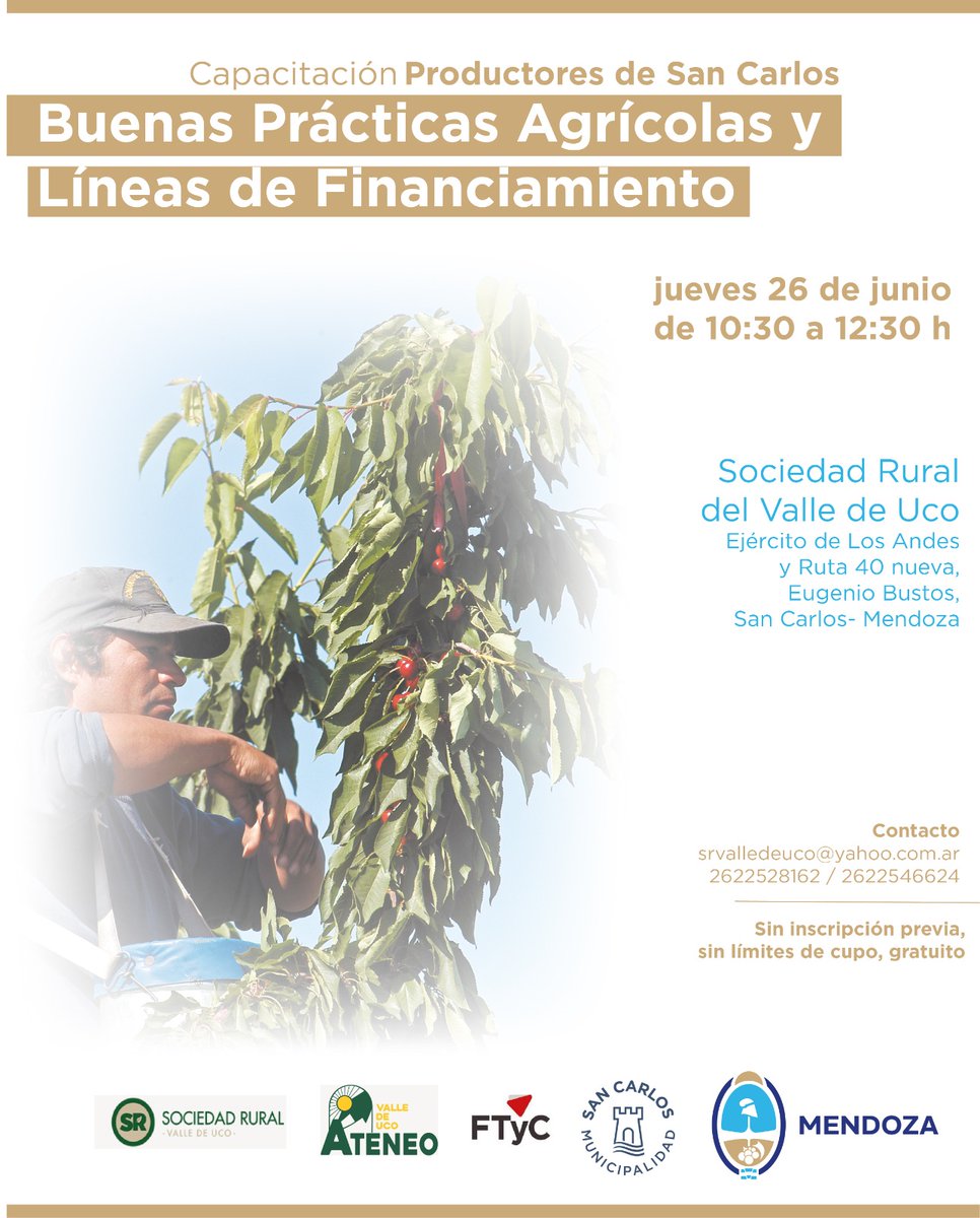 🌱 Invitamos a productores del Valle de Uco a participar de la capacitación sobre Buenas Prácticas Agrícolas y Líneas de Financiamiento donde, junto con <a href="/ProduccionMza/">Producción Mendoza</a>, estaremos brindando asesoramiento técnico y financiero.

Más info 👇