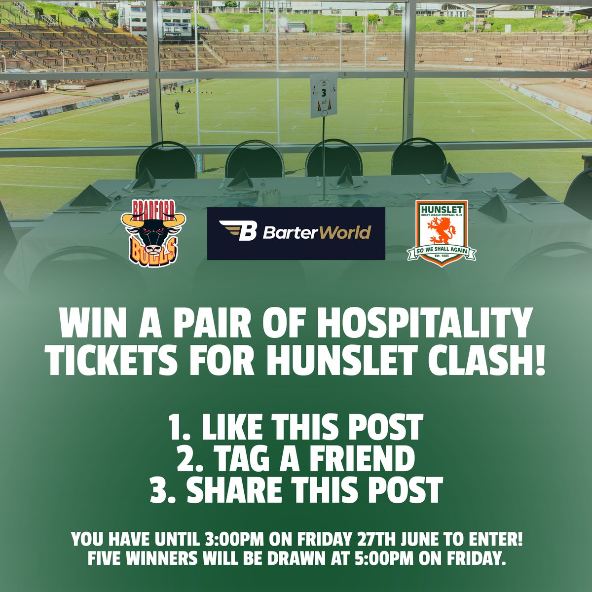 🤩 | Courtesy of BarterWorld, we have five pairs of Hospitality tickets available for our clash with Hunslet on Friday 4th July!

1. Like This Post
2. Tag A Friend
3. Share This Post

⏳ | You have until 3pm on Friday 27th June to enter! Good luck!

#StrengthInNumbers