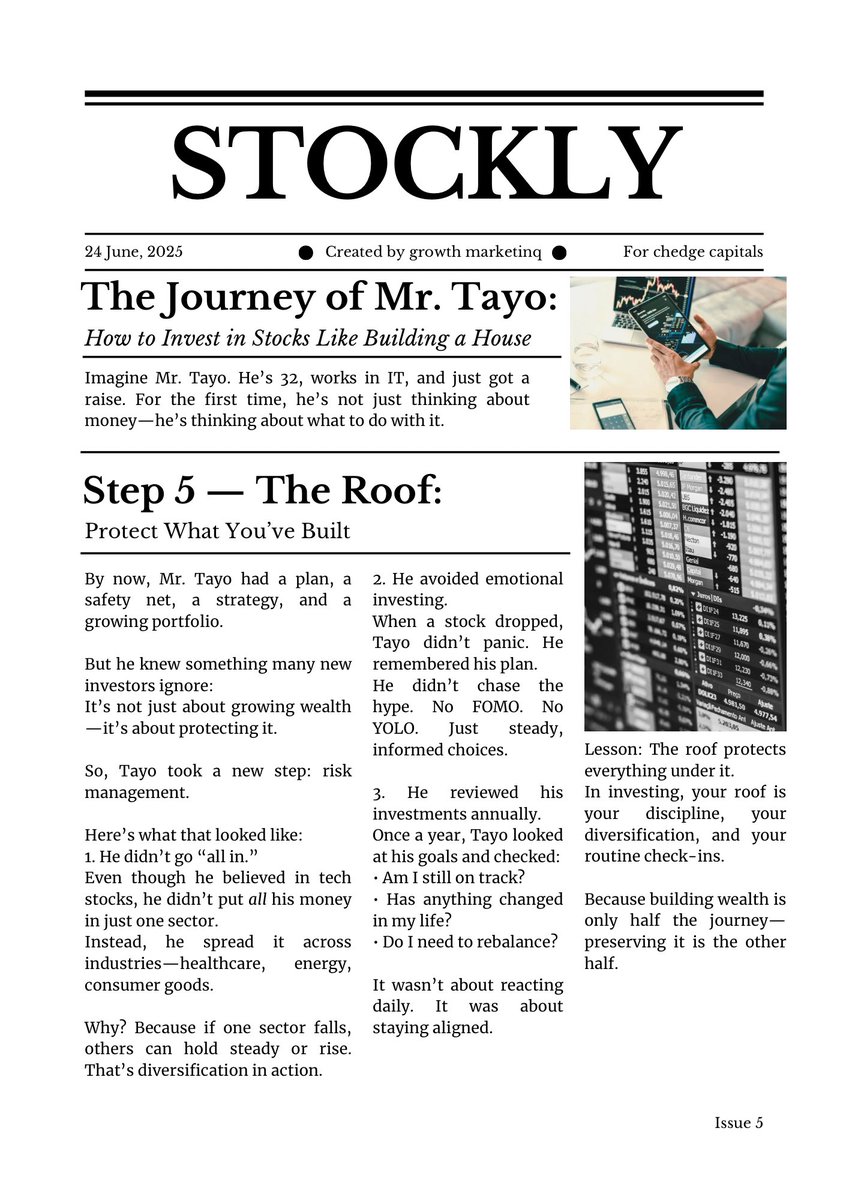 chedgecapitals's tweet photo. Step 5—The Roof: Protect What You’ve Built
By now, Mr. Tayo had a plan, a safety net, a strategy and a growing portfolio.

But he knew something many new investors ignore: It’s not just about growing wealth—it’s about protecting it.

So, Tayo took a new step: risk management.🧵⤵️ https://t.co/NusWpcHDyg