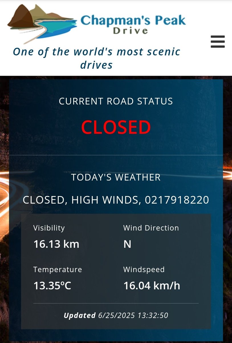🚧CLOSED DUE TO HIGH WINDS🚧
Please always check our website for updates
chapmanspeakdrive.co.za 

#chapmanspeakdrive #chapmanspeak #chappies #DiscoverHoutBay #houtbay #IAMCAPETOWN #capetown #lovecapetown #southafrica #shotleft #TravelMassiveCT #TravelChatSA #nowherebetter