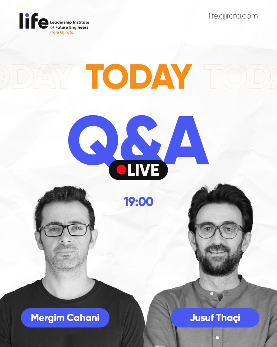 Don't forget to tune in!

Mergim Cahani (CEO, Gjirafa) and Jusuf Thaçi (Director, LIFE from Gjirafa) will answer all your questions on the program, admission, curriculum, guaranteed employment, and more!

Today, 25 June

LIVE in all Gjirafa and LIFE from Gjirafa channels
