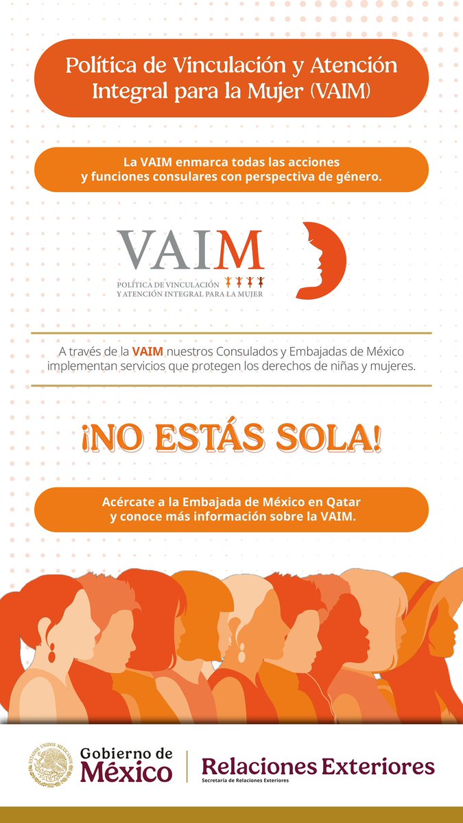 ¡No estás sola! 🟠🫂

Visita tu Embajada 🇲🇽 para que conozcas la #VAIM. Su objetivo es brindarte asesoría en temas de interés, que inciden en tu desarrollo integral como persona.  

¡Acércate, la VAIM es para todas! 🙌