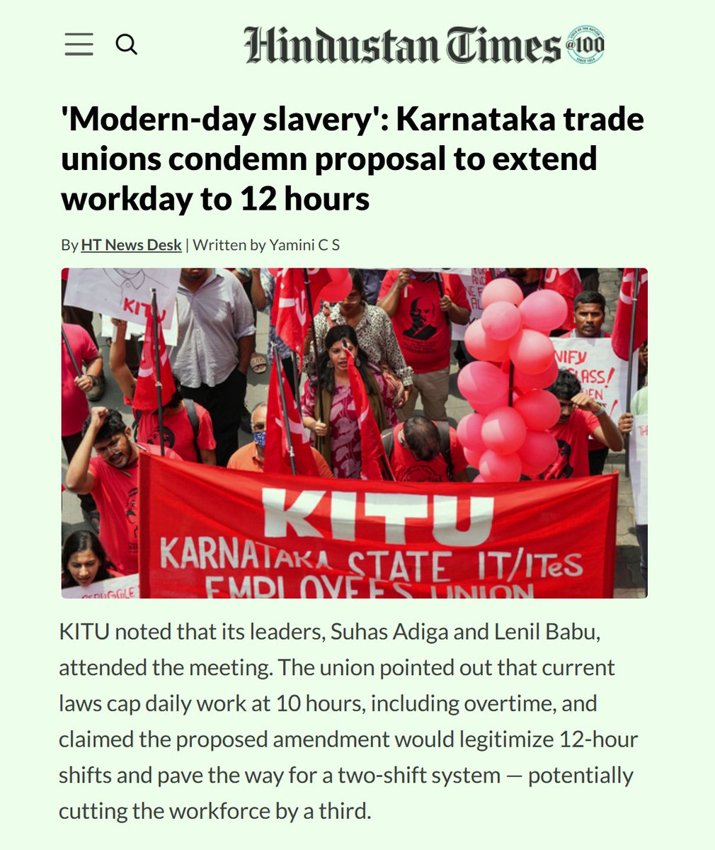kitu_hq's tweet image. 'Hindustan Times' reports KITU's opposition to the #Karnataka government's move to increase the working hours of IT/ITES/BPO employees to 12 hours a day.
Resist #12hrWorkDay
@htTweets