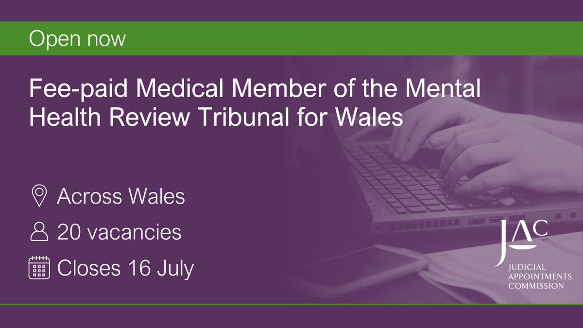📢Now open
🏴󠁧󠁢󠁷󠁬󠁳󠁿Fee-paid Medical Member of the Mental Health Review Tribunal for Wales
🗓️Closes 16 July 
📍Wales
Details and apply👇
apply.judicialappointments.digital/vacancy/odI6Jm…