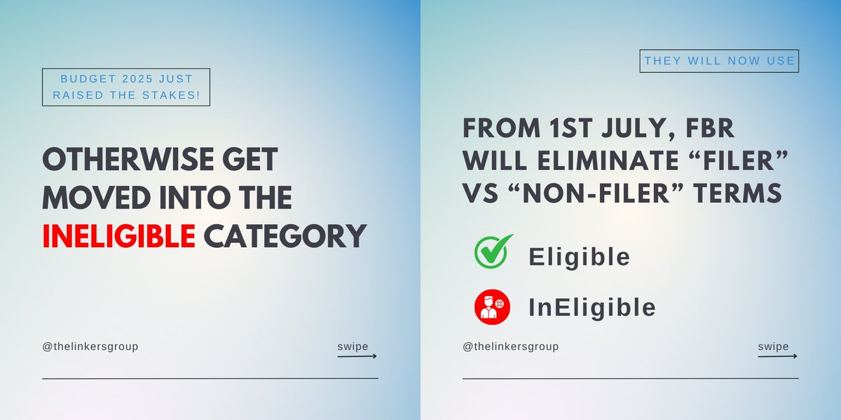 mchsohaib's tweet photo. 📷 Filer vs Ineligible: The Biggest Shock of Budget 2025!
From July 1st, the term "Non-Filer" will no longer exist only Eligible or Ineligible!
Delaying your tax return = Ineligible status = SIM blocked, no car purchase, no bank account!
📷 DM
#Eligible #Ineligible #BecomeFiler https://t.co/BNjAu9Og87