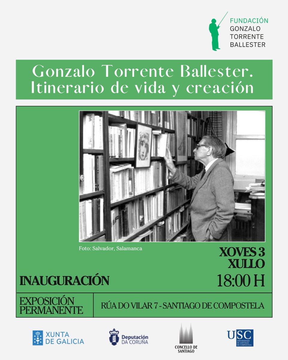 📣 Acompáñanos na inauguración da nova exposición permanente 
📚 Gonzalo Torrente Ballester. Itinerario de vida y creación

🗓️ Xoves 3 de xullo | 🕕 18:00 h
📍 Rúa do Vilar, 7 – Santiago

Máis de 130 pezas para descubrir a vida e a obra do autor.

#TorrenteBallester #FundaciónGTB