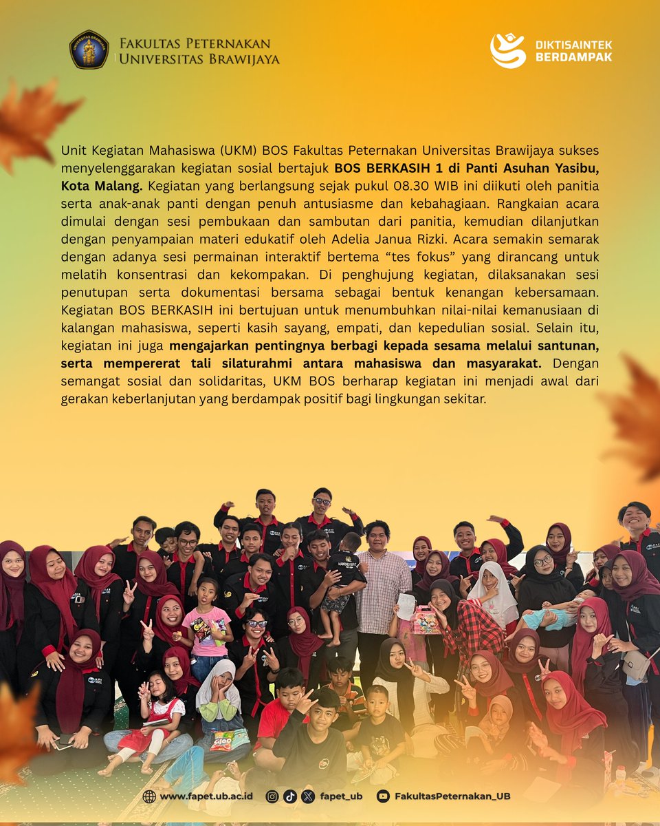 fapet_ub's tweet photo. [ #1 BOS BERKASIH: AKSI BERBAGI DAN PEDULI KASIH]

Selamat pagi sob!
Kali ini dengan semangat berbagi dan peduli, UKM BOS Fakultas Peternakan Universitas Brawijaya menyelenggarakan kegiatan sosial BOS BERKASIH 1 pada Minggu, 13 April 2025 di Panti Asuhan Yasibu, Malang.🥰 https://t.co/TRF6KrTquA
