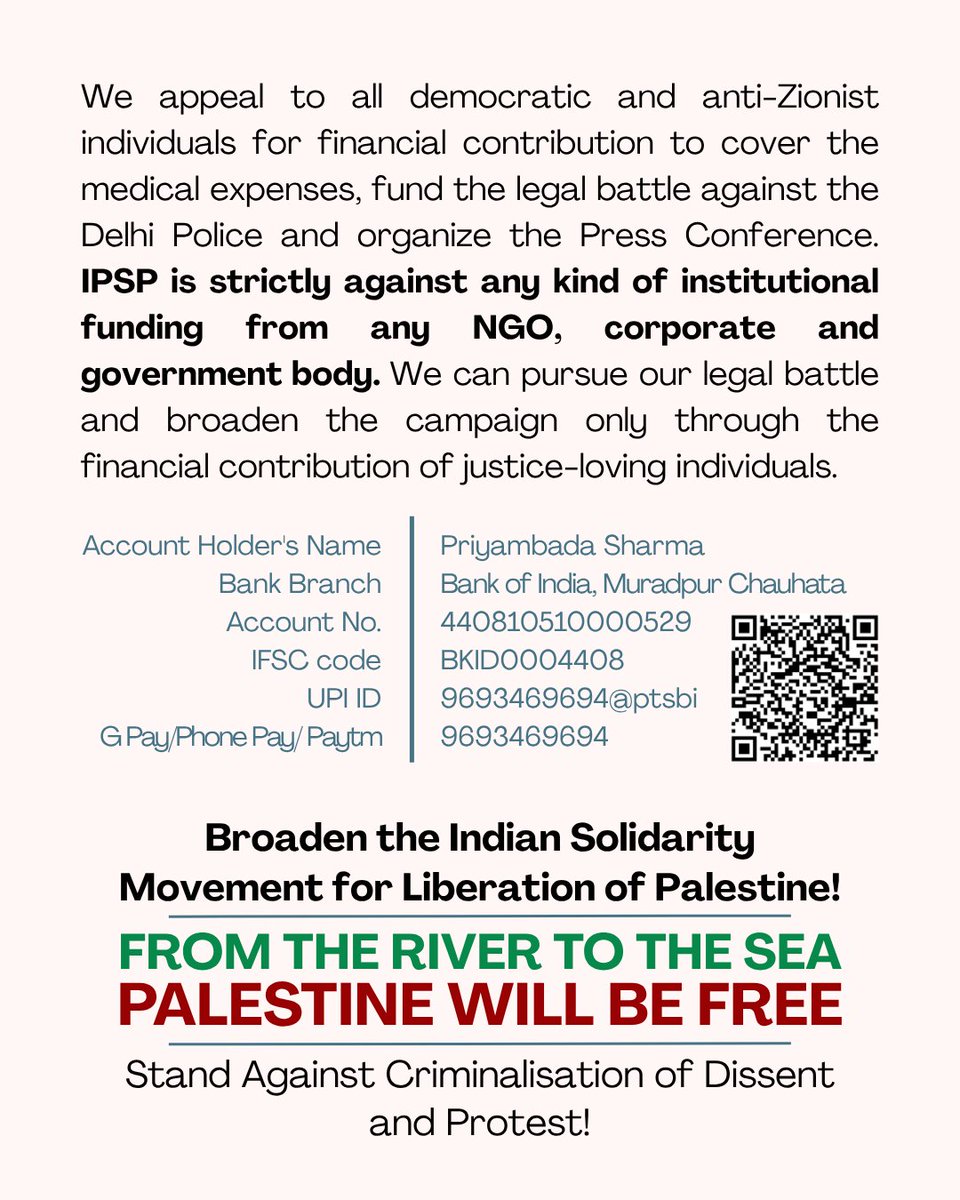 BDS_in_India's tweet photo. An Appeal for FINANCIAL CONTRIBUTION
To Cover Medical Expenses and Wage a Legal Battle Against Delhi Police Brutality on Pro-Palestine Protestors Outside Israel Embassy
#BDSinindia #IPSP #PalestineGenocide #Delhi #protest #staterepression #LONGLIVEPALESTINE #BOYCOTTISRAEL https://t.co/56ZFnmeYvu