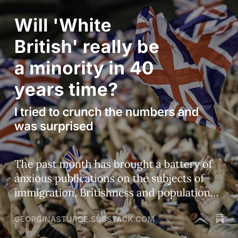 How much will the ethnic profile of the UK change from migration and natural change over the next one hundred years? Will 'White British' become a minority?

I've tried to have a look at the data on this - and I didn't find what I thought I would.

georginasturge.substack.com/p/will-white-b…