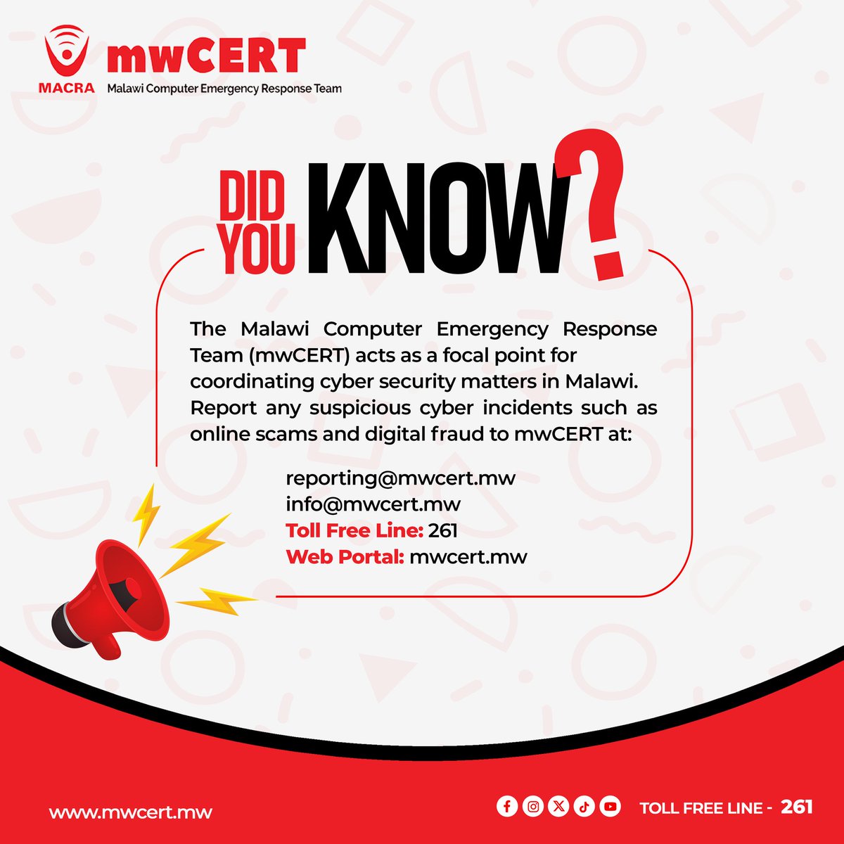 MACRAMALAWI's tweet photo. Stay safe online!
Report any cyber scams or digital fraud to mwCERT via reporting@mwcert.mw or call toll-free on 261.
#MACRA
#USF
#mwCert
#MUUNIFundMW
#DataProtectionAuthoritymw
#QualityAffordableSecureCommunicationServices
#DigitallyTransformedMalawi
#261TollFree https://t.co/hCawlPzOIV