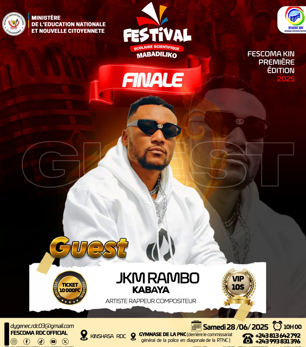 JKM RAMBO en guest Star au FESCOMA KIN 2025🔥🎊
Le Festival MABADILIKO est fier d'annoncer une présence exceptionnelle d'un grand rappeur de l'Est, en provenance de la ville touristique de Goma pour sa grande FINALE ce 28 J-U-I-N 🎉 !
#FescomaKin2025 #Kinshasa #JkmRambo #Guest