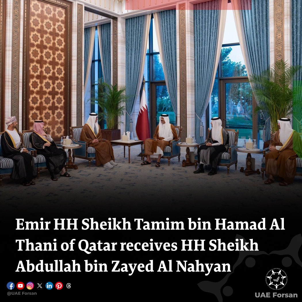 Emir HH Sheikh Tamim bin Hamad Al Thani of Qatar receives HH Sheikh Abdullah bin Zayed Al Nahyan 
#UAE #Qatar 
<a href="/TamimBinHamad/">تميم بن حمد</a> 
<a href="/ABZayed/">عبدالله بن زايد</a> 
<a href="/mofauae/">MoFA وزارة الخارجية</a> 
<a href="/OFMUAE/">OFM</a> 
<a href="/uaeembdoha/">UAE Embassy in Doha</a>