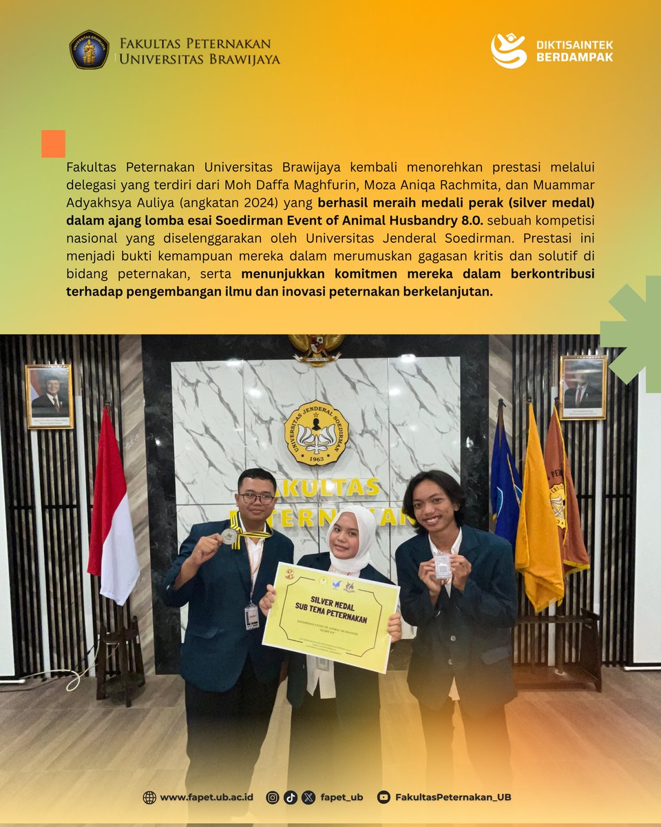 fapet_ub's tweet photo. [FAPET BANGGA: DELEGASI FAPET UB RAIH SILVER MEDAL SOEDRIMAN EVENT OF ANIMAL HUSBANDRY 8.0]

Haiii sobat!
Kabar prestasi datang lagi nih! Kali ini dari delegasi FAPET UB yang terdiri dari Moh. Daffa Maghfurin, Moza Aniqa Rachmita, dan Muammar Adyakhsya Auliya (2024) https://t.co/yiEDzZstjy