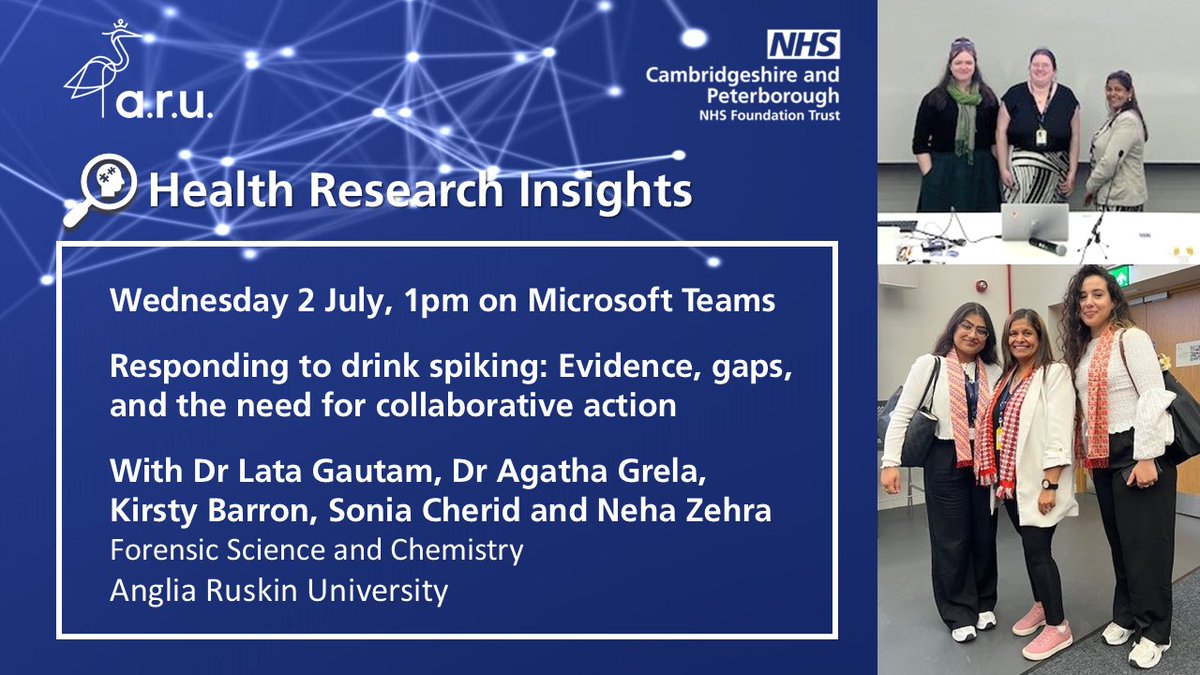 CPFT_Research's tweet image. 📣 Next Wednesday (2 July) join Dr @LataGautam10 + her team for our #HealthResearchInsight examining how to improve action & support for #DrinkSpiking victims.
🔎 Explore the latest research & evidence to guide community partners in tackling this issue:
➡️ intranet.cpft.nhs.uk/events/event/h…