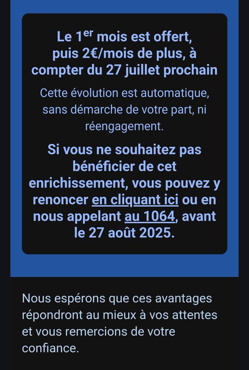 S_ayve's tweet photo. Merci les opérateurs d’augmenter notre abonnement de manière automatique en nous proposant des avantages non voulu. C’est a nous aller refuser chaque offre pour éviter de payer toujours plus, jusqu’au jour où on oubliera de le faire... #Bouygues #Forfait https://t.co/bROm1SUIy7