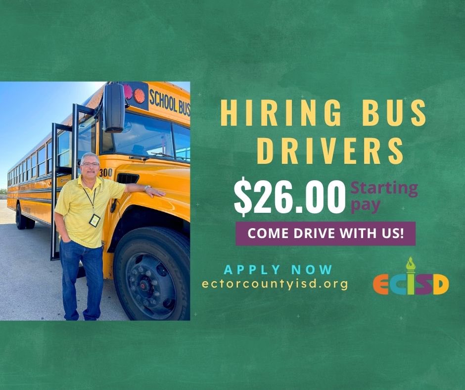ECISD Human Resources (@ecisdhr) on Twitter photo ๐ We're Hiring Bus Drivers!
Join our outstanding Transportation Team at Ector County ISD.
๐ฐ Starting pay: $26.00/hour
๐ Make a difference in your community
๐ Reliable schedule & great benefits
๐ Apply now: ectorcountyisd.schoolspring.com/?jobid=4674791
Start your journey with us today! ๐ We're Hiring Bus Drivers!
Join our outstanding Transportation Team at Ector County ISD.
๐ฐ Starting pay: $26.00/hour
๐ Make a difference in your community
๐ Reliable schedule & great benefits
๐ Apply now: ectorcountyisd.schoolspring.com/?jobid=4674791
Start your journey with us today!