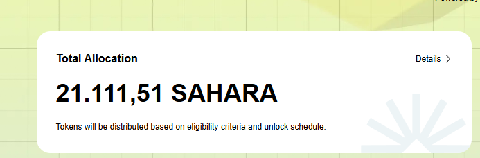 Bir hikayenin daha sonuna geldik!

<a href="/saharaai/"></a> airdrop checker duyurdu. 8 aylık çabanın sonucunda 21 k $SAHARA kazanmışım. Claim yarın başlayacak. Ancak allocation miktarının yaklaşık %45'i claim edilebilir olacak. Geri kalan 6 ay cliff sonrası 6 ay vesting ile claim