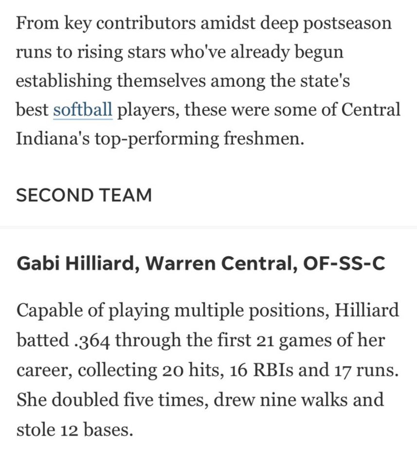 WC Softball 🥎 (@warrencentralsb) on Twitter photo Congrats to Gabi Hilliard for making 2nd Team Indy Star Top Performing Freshman for the 2025 season! Proud of you! ⚫️🟡🥎 <a href="/WarriorNation_1/">WCHS Athletic Dept</a> <a href="/GabrielleH2028/">Gabrielle Hilliard</a> Congrats to Gabi Hilliard for making 2nd Team Indy Star Top Performing Freshman for the 2025 season! Proud of you! ⚫️🟡🥎 <a href="/WarriorNation_1/">WCHS Athletic Dept</a> <a href="/GabrielleH2028/">Gabrielle Hilliard</a>