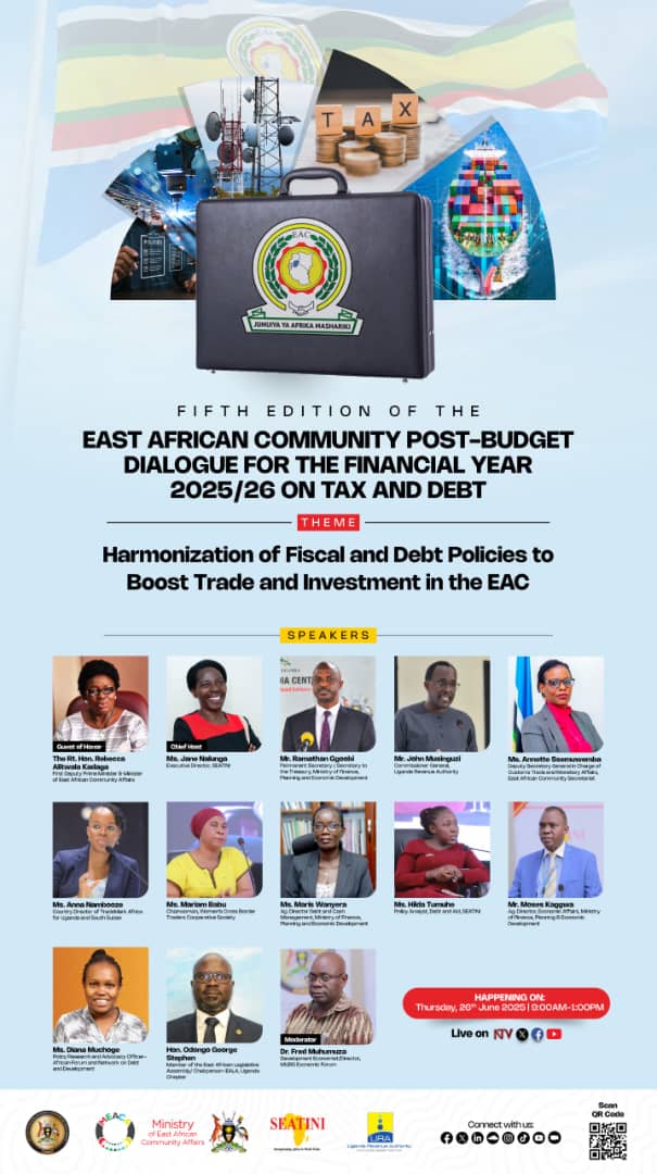 📢 Don’t miss tomorrow!

Join us as <a href="/SEATINIUGANDA/">SEATINI UGANDA</a>, in partnership with the National Budget Month/Budget Transparency Initiative Partners including <a href="/mofpedU/">Ministry of Finance</a>, <a href="/meaca_ug/">#Ministry of EAC Affairs</a>, <a href="/jumuiya/">East African Community</a>, <a href="/URAuganda/">Uganda Revenue Authority</a>, among others, convenes a pivotal high-level policy dialogue:

🗓️ East African Community