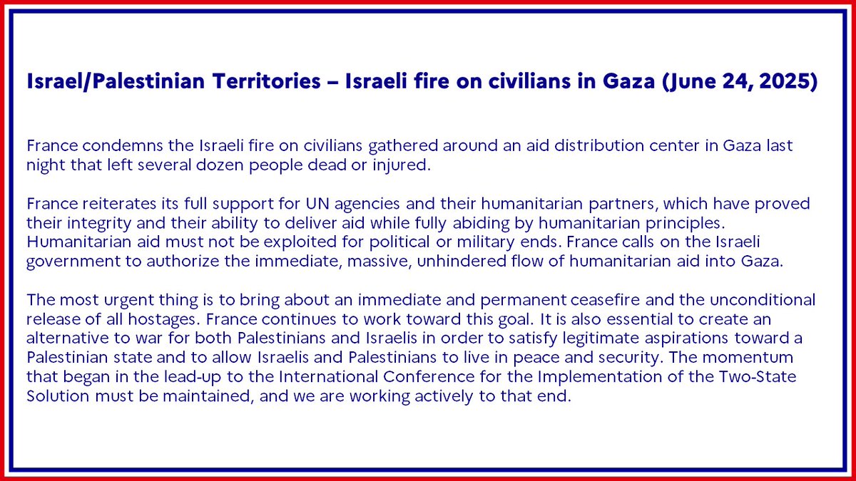 #Israel / #PalestinianTerritories | France condemns the Israeli fire on civilians gathered around an aid distribution center in Gaza last night that left several dozen people dead or injured.

➡️ fdip.fr/2kvg8afn