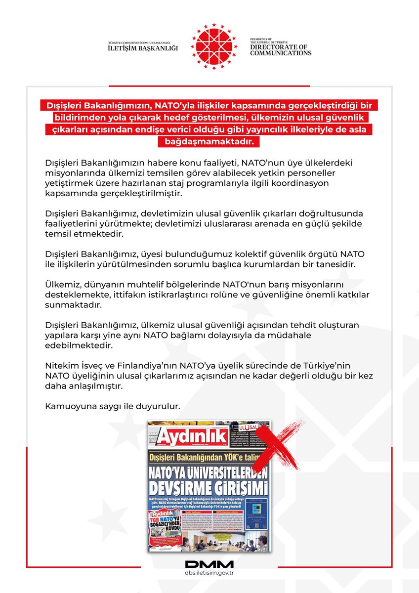 Dışişleri Bakanlığımızın, NATO’yla ilişkiler kapsamında gerçekleştirdiği bir bildirimden yola çıkarak hedef gösterilmesi, ülkemizin ulusal güvenlik çıkarları açısından endişe verici olduğu gibi yayıncılık ilkeleriyle de asla bağdaşmamaktadır.

Dışişleri Bakanlığımızın habere konu