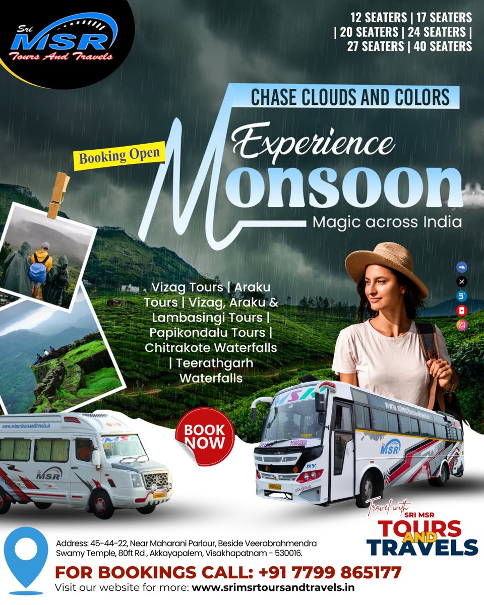 srimsrgroup's tweet image. 🌧️✨ Chase Clouds. Soak in Colors. Experience the Monsoon Magic!
Let the rains lead you to breathtaking waterfalls, misty valleys, and lush green landscapes with Sri MSR Tours &amp;amp; Travels 🚐💚

📞 Call: +91 77998 65177

#SriMSRTours #MonsoonTravels #VizagTours #ArakuValley