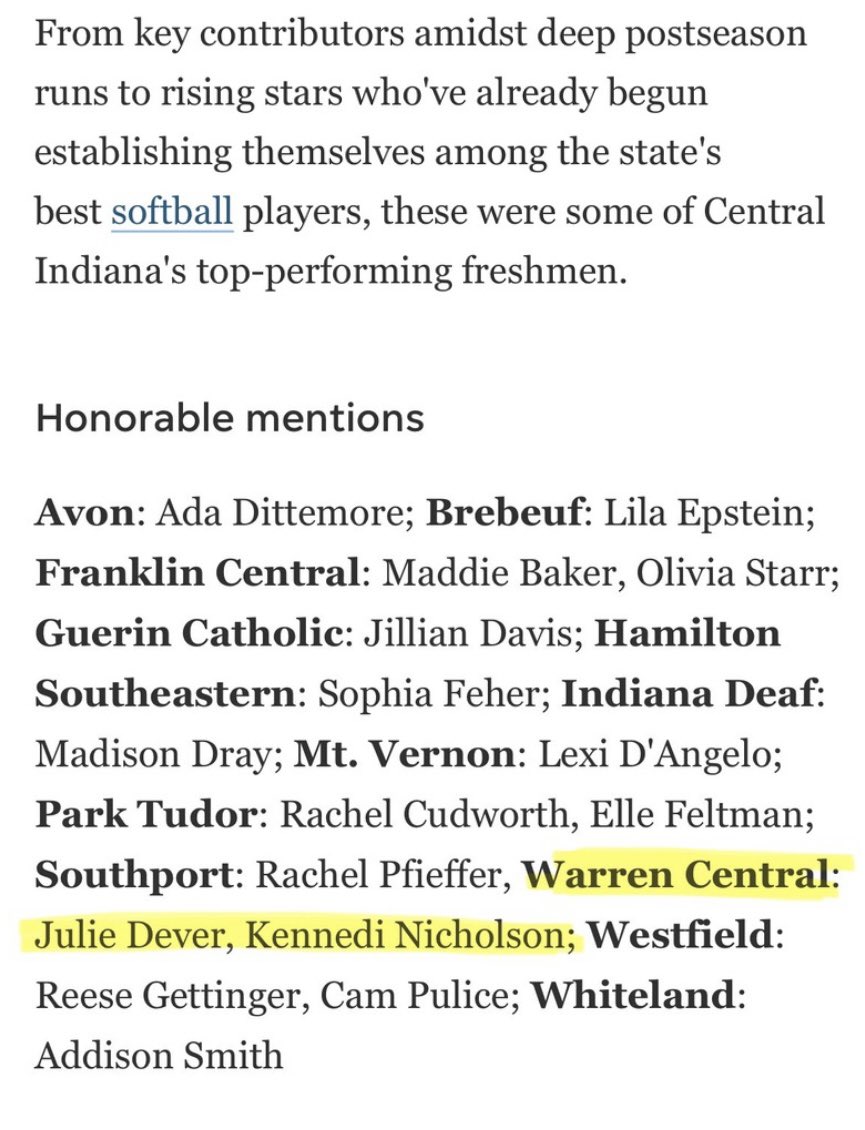 WC Softball 🥎 (@warrencentralsb) on Twitter photo Congrats to Julie Dever and Kennedi Nicholson for making Honorable Mention for the Indy Star Top Performing Freshman for the 2025 season! Keep working! ⚫️🟡🥎 <a href="/WarriorNation_1/">WCHS Athletic Dept</a> Congrats to Julie Dever and Kennedi Nicholson for making Honorable Mention for the Indy Star Top Performing Freshman for the 2025 season! Keep working! ⚫️🟡🥎 <a href="/WarriorNation_1/">WCHS Athletic Dept</a>