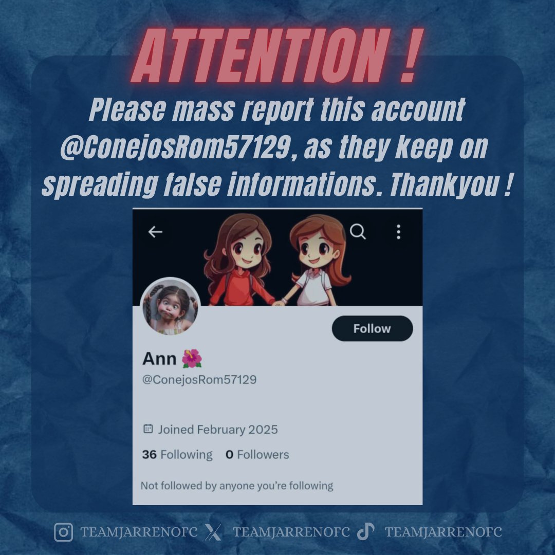 📣 MASS REPORT❗❗❗
📣 MASS REPORT❗❗❗

<a href="/ConejosRom57129/">Ann 🌺</a>

We sincerely ask for your help in mass reporting this account. It has been spreading false information and misleading narratives.

Let’s protect them from harmful lies and continue to stand by them with love and truth.